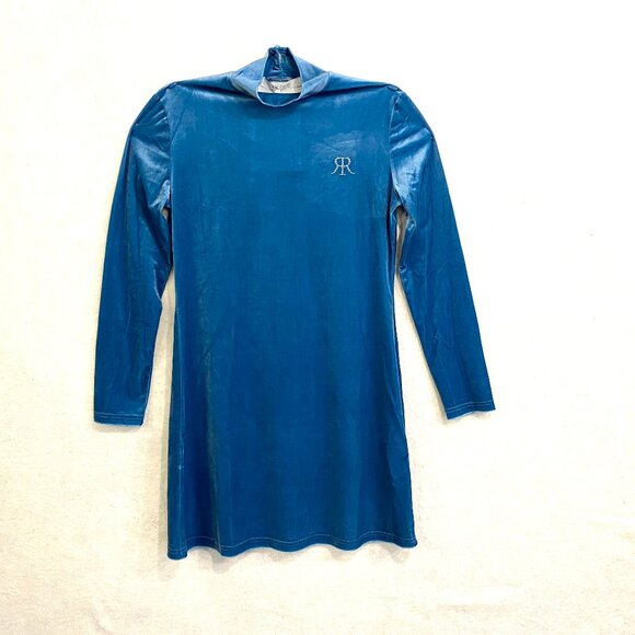 ROKH Cyan Blue Mask Velvet Mini Dress, Size 8 - Picture 2 of 16